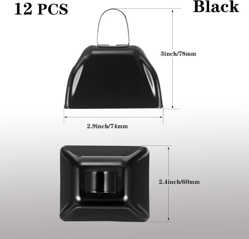 HEYLEAYAR 3Inch Cowbells for Sporting Events,12Pcs Metal Cow Bells Bulk Loud Noise Makers Cow Bell with Handle for Cheering Football Games Spirit Marathon Weddings Party Noisemakers, Black - Image 2